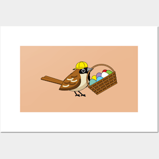 Funny Cute Bird with Colorful Eggs Basket Posters and Art